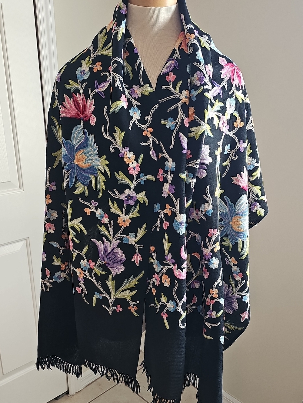 Black Floral Hand Embroidered Wool Shawl Scarf. 27" X 72". FROM SPAIN